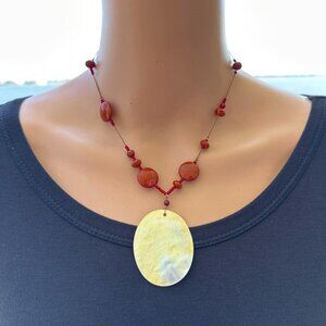 Mother Of Pearl Pendant Necklace Burnt Red Orange Beaded Adjustable Length